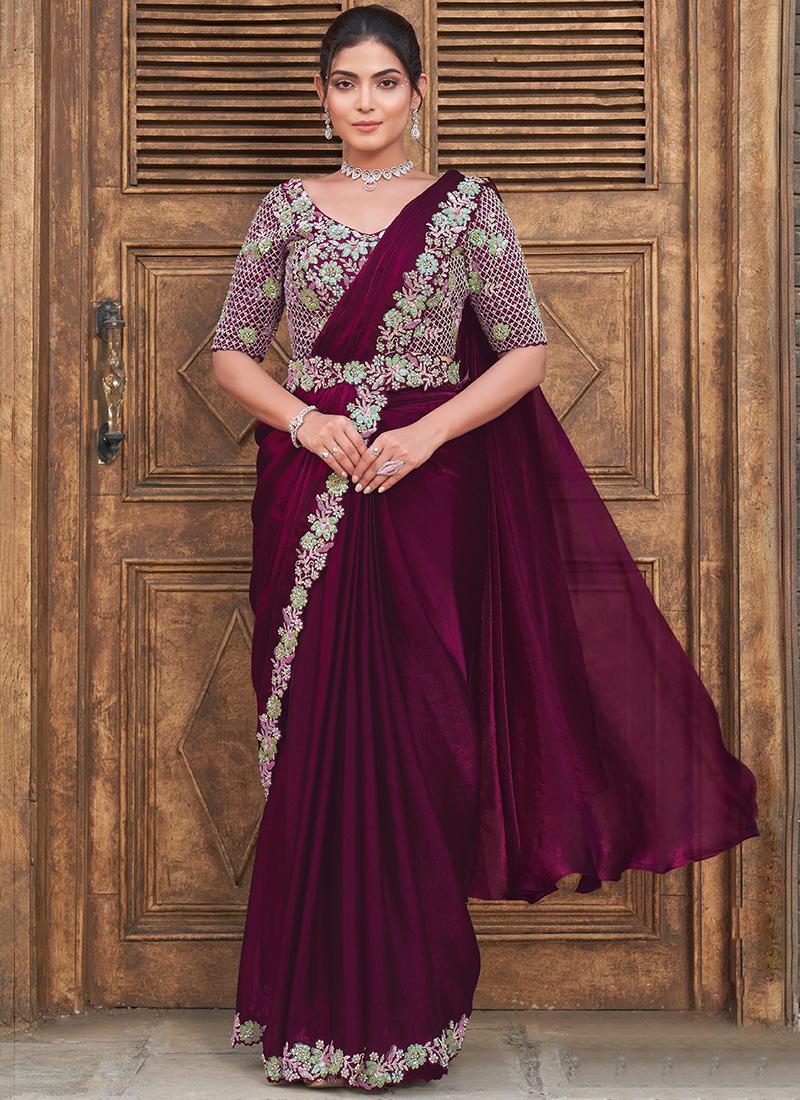 Ready-to-Wear Dark Maroon Satin Silk Saree with Pearl and Handwork Embroidery