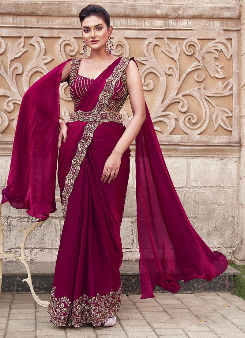 Ready-to-Wear Wine Satin Silk Saree with Pearl and Handwork Embroidery