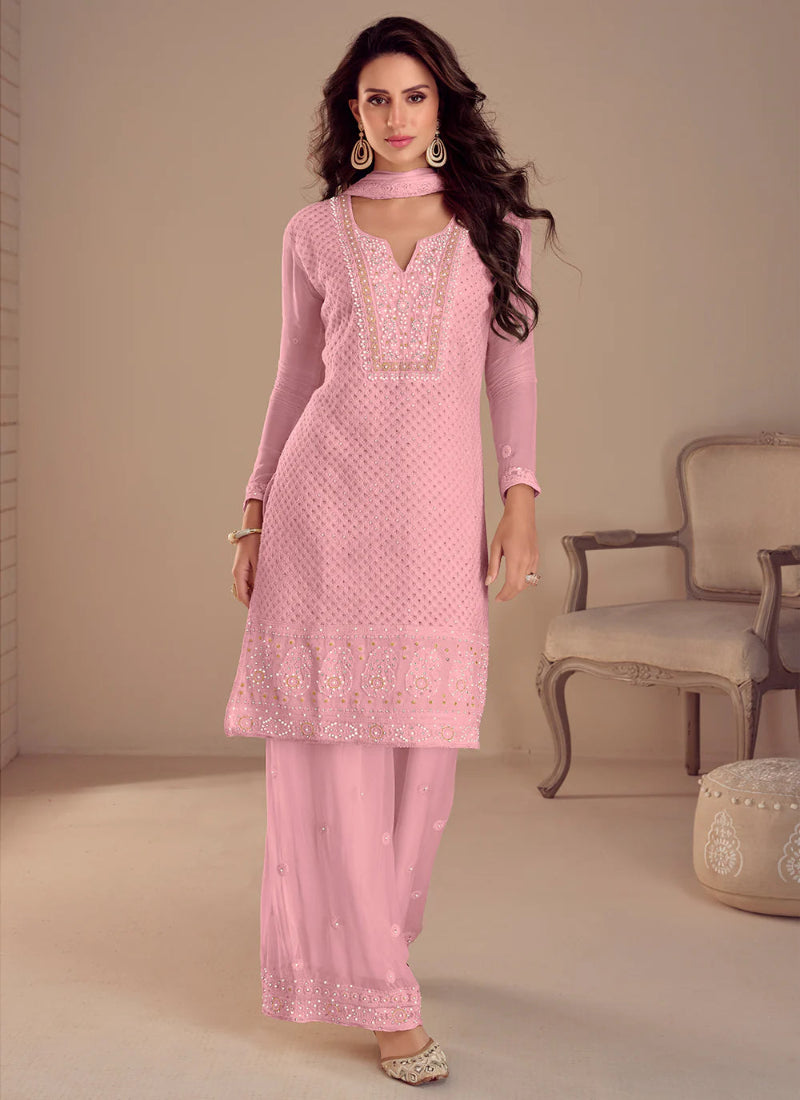 Pink Georgette Embroidered Long Sleeves Sharara Suit with Dupatta