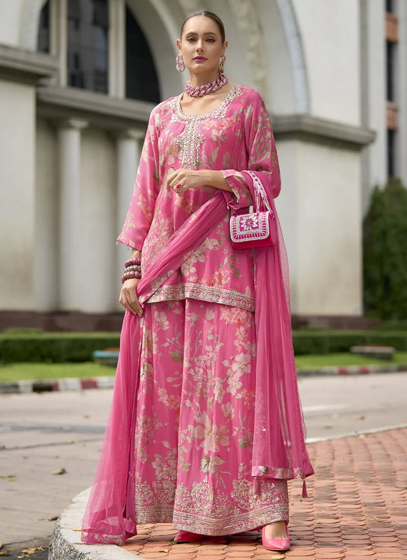 Rich Pink Printed Palazzo Suit with Multicolored Sequins