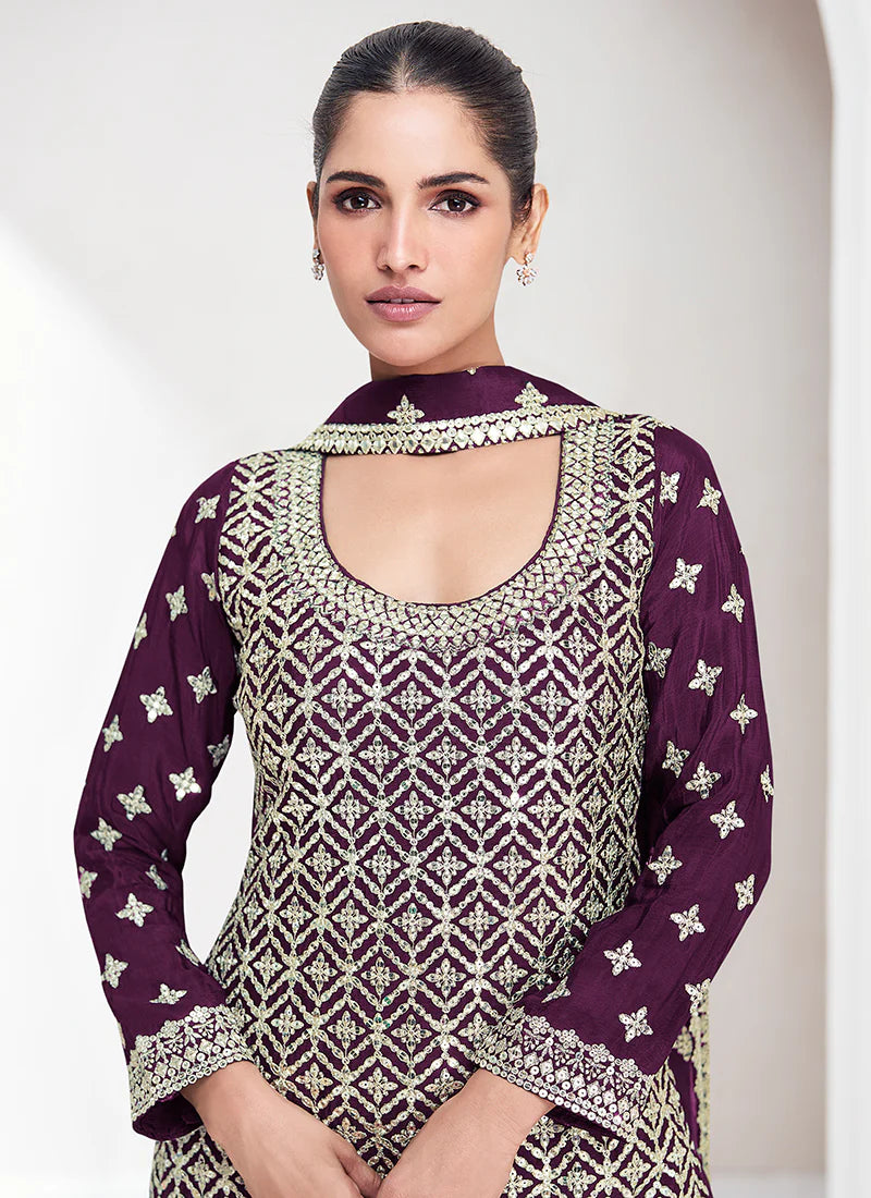 Find occasion-ready Palazzo Suit with dupatta and designer details.
