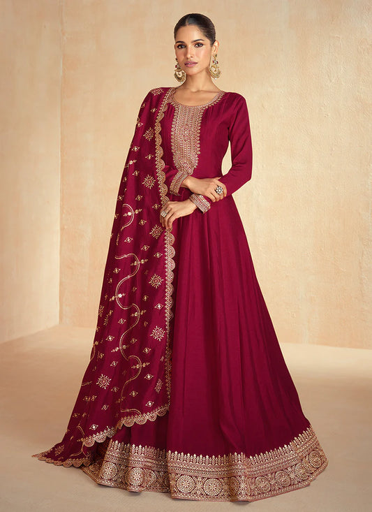 Bridal Red Anarkali Suit with Dupatta for for Indian and Pakistani Celebrations-Golden Embroidery and Thread Works