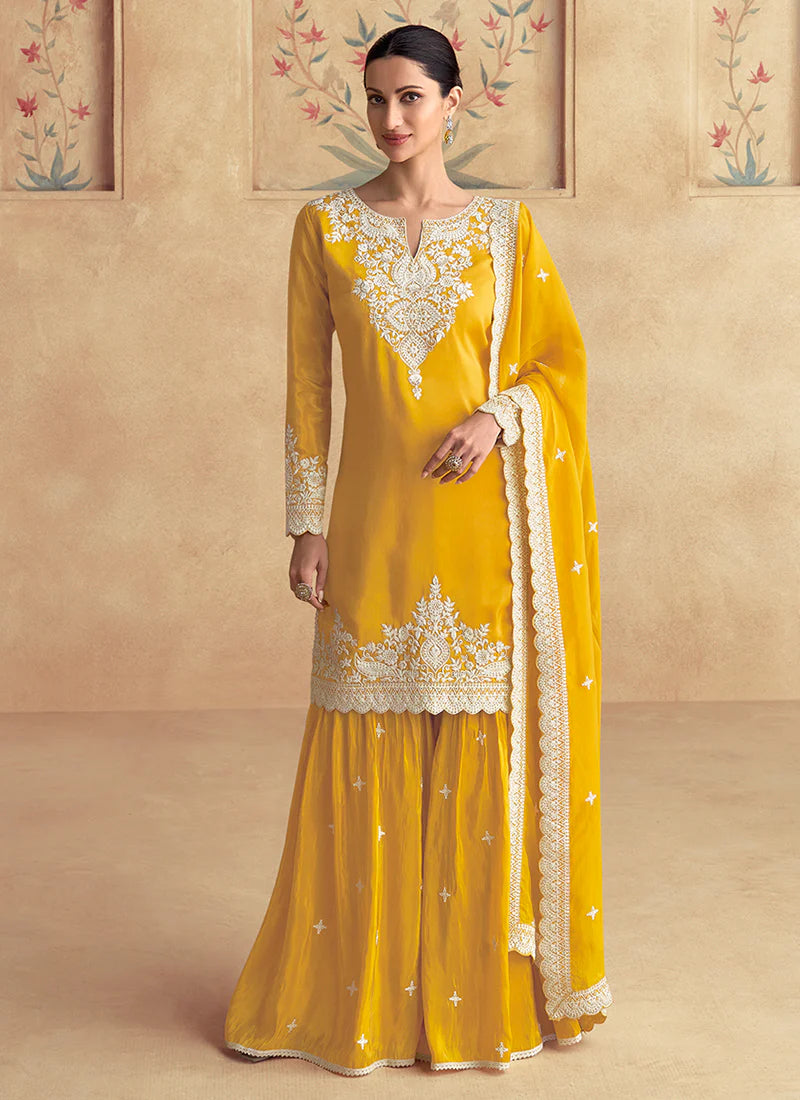 Yellow Embroidered Gharara Style Suit with Dupatta - Perfect for Indian Festivals and Pakistani Weddings - White Resham, Zari & Sequence Work
