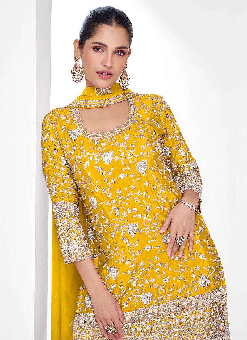 Wedding Wear Yellow Gharara Suit with Detailed Embroidery Chinnon Top with Zari, Resham And Sequin Work