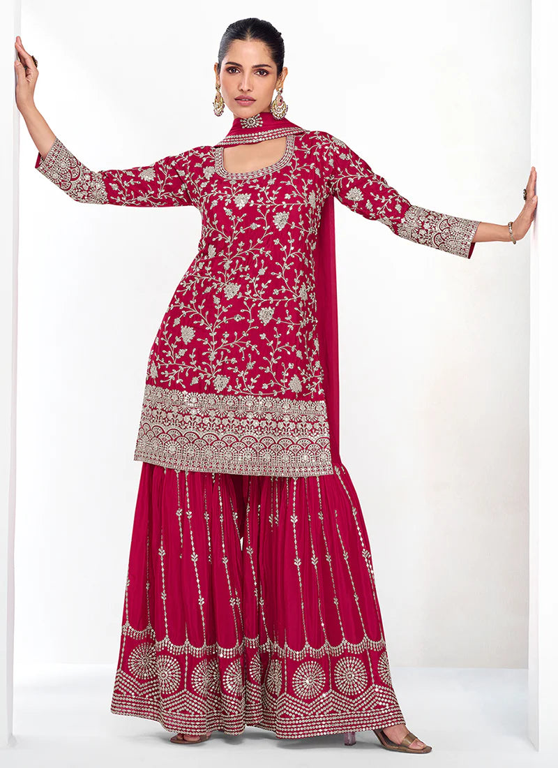 Designer Magenta Multi Embroidery Gharara Suits with Dupatta With Chinnon Top Sequin Work Wedding Wear