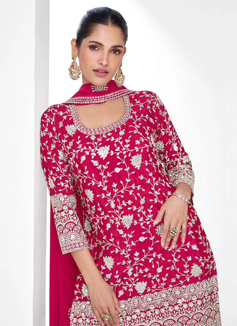 Designer Magenta Multi Embroidery Gharara Suits with Dupatta With Chinnon Top Sequin Work Wedding Wear