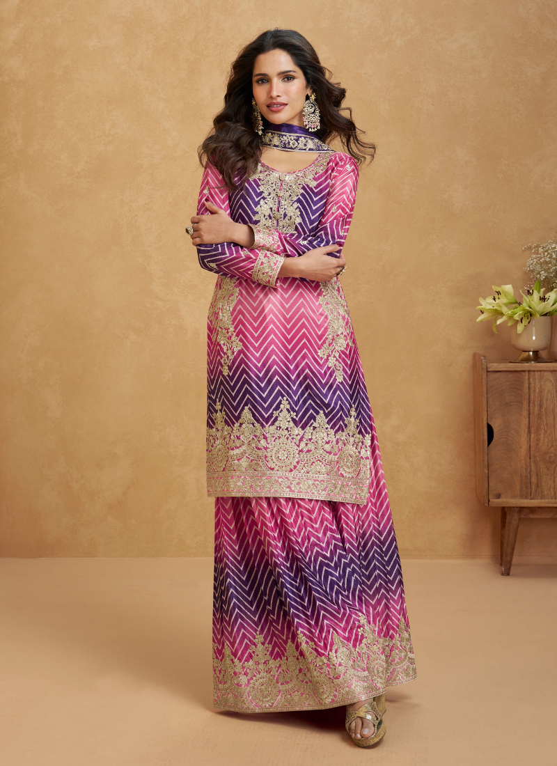 Purple and Pink Chinon Silk Long Sleeves Sharara Suit with Dupatta – Indian Pakistani Wedding Festival Wear