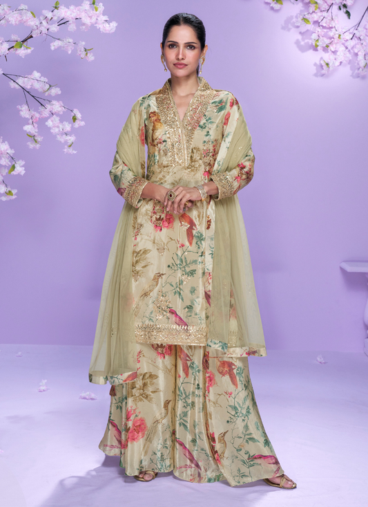 Beige Floral Chinon Silk Palazzo Suit with Embroidered Neckline For Indian Wedding and Pakistani Festival