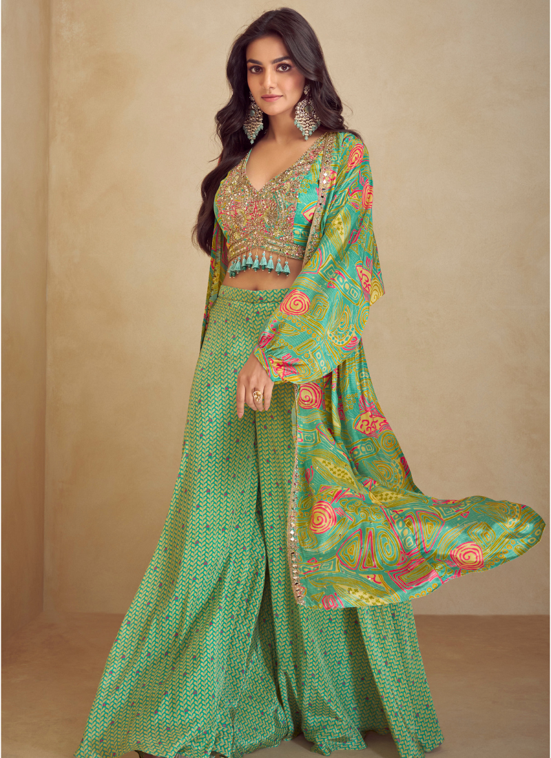 Parrot Green Chinon Silk Cape Style Palazzo Set with Designer Shrug