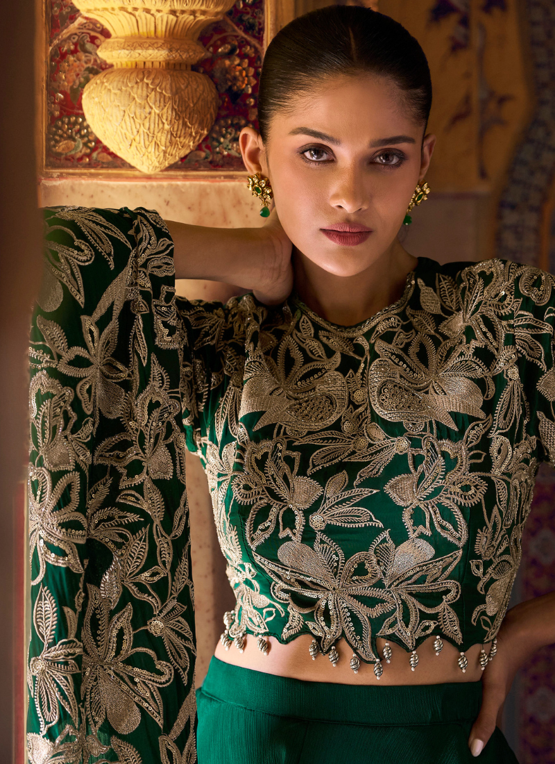 Shop Now Designer Green Silk Embroidered Cape Style Plazzo Suit for Indian Festivals and Pakistani Weddings