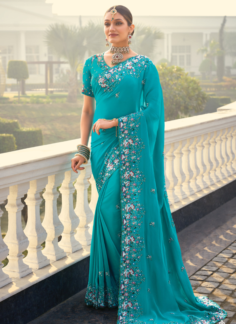 Teal Blue Pure Silk Embroidered Saree with Matching Blouse-Jari, Cut-Dana, Moti Work