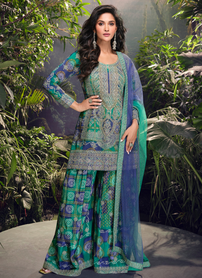 Buy Teal Green Chinnon Silk  Embroidery Sharara Suit with Dupatta for Pakistani Festivals and Indian Weddings
