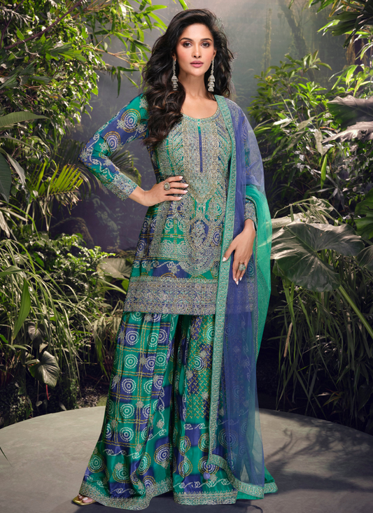 Buy Teal Green Chinnon Silk  Embroidery Sharara Suit with Dupatta for Pakistani Festivals and Indian Weddings