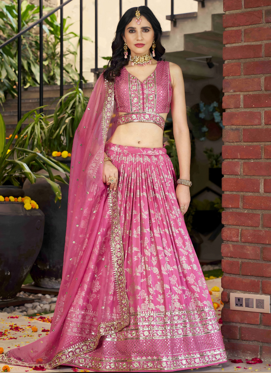 Pink Dola Silk Lehenga Choli with Embroidered Dupatta for Bridesmaids and Indian Festival Wear