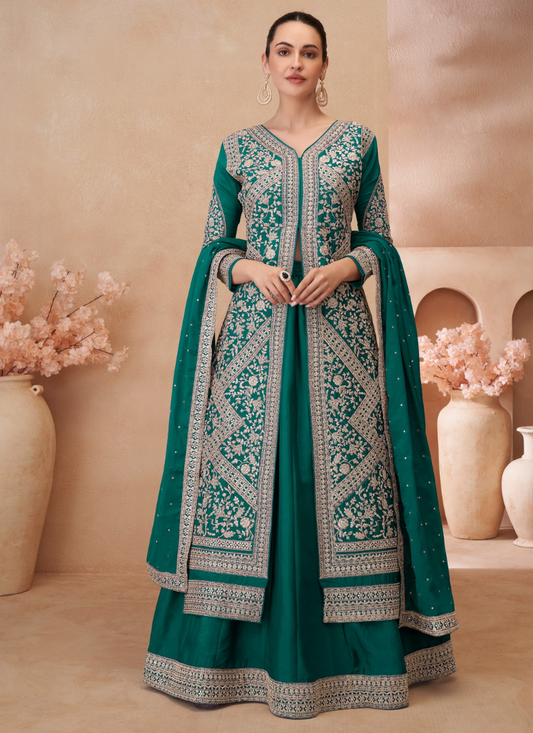 Green Chinnon Embroidered Anarkali Suit Dupatta for Indian Festivals and Pakistani Weddings