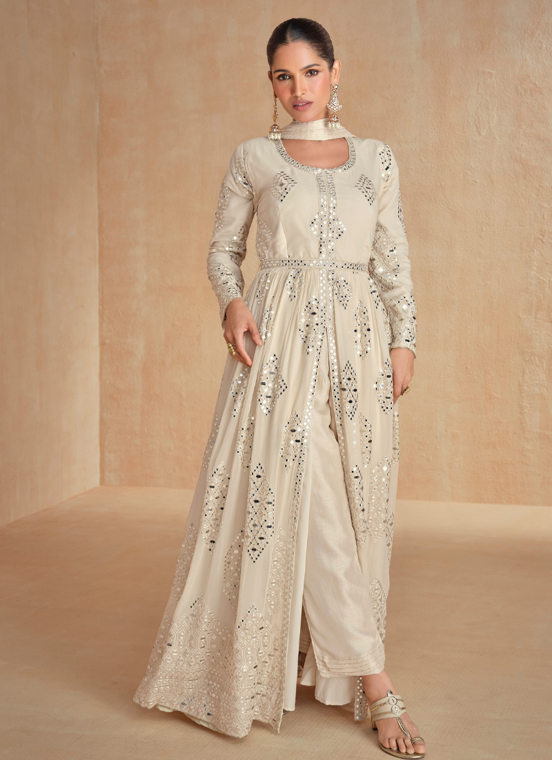 Cream White Georgette Slit Style Long Sleeves Anarkali Suit with Dupatta for I ndian Wedding and Pakistani Festival