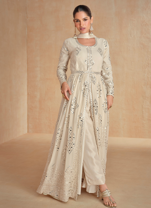 Cream White Georgette Slit Style Long Sleeves Anarkali Suit with Dupatta for I ndian Wedding and Pakistani Festival
