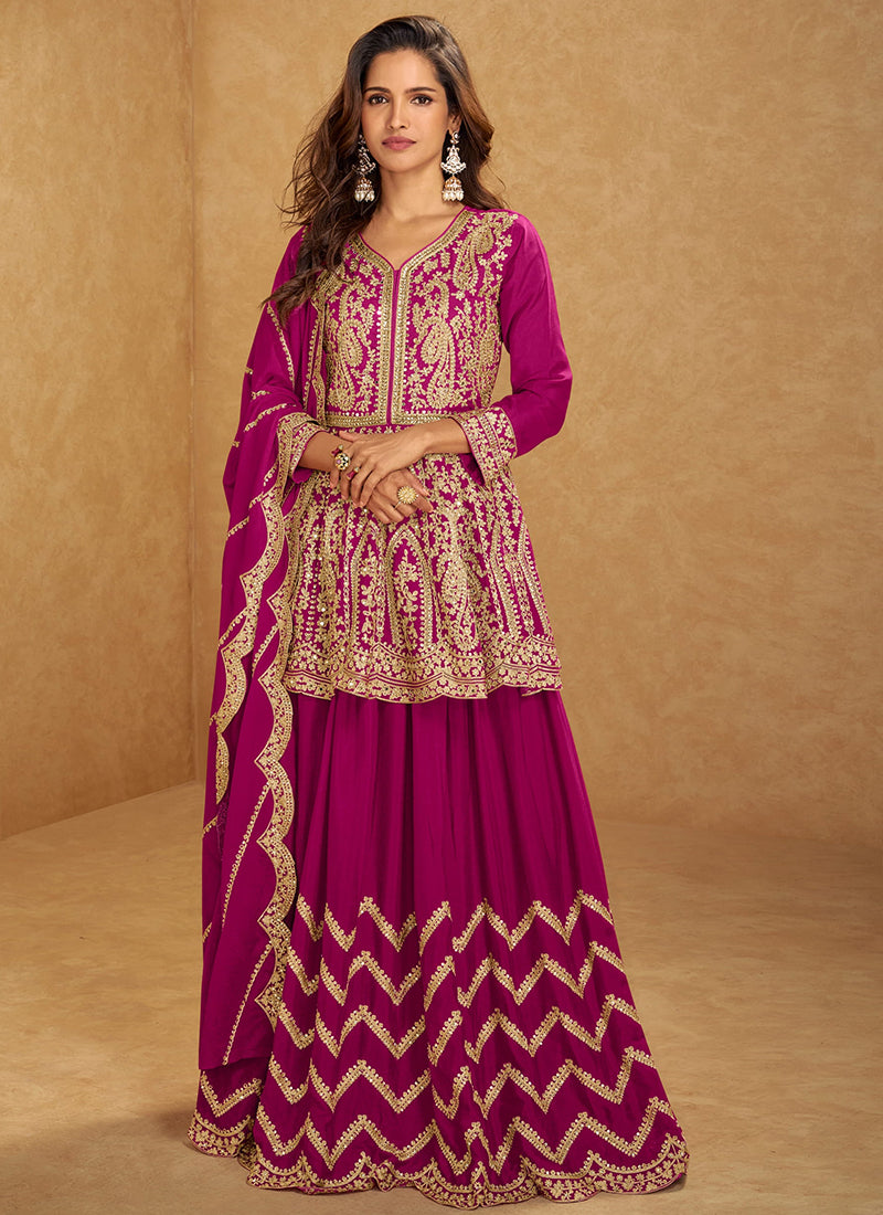 Magenta Chinon Silk Sharara Suit with Dupatta for Indian Pakistani Wedding – Embroidery Work