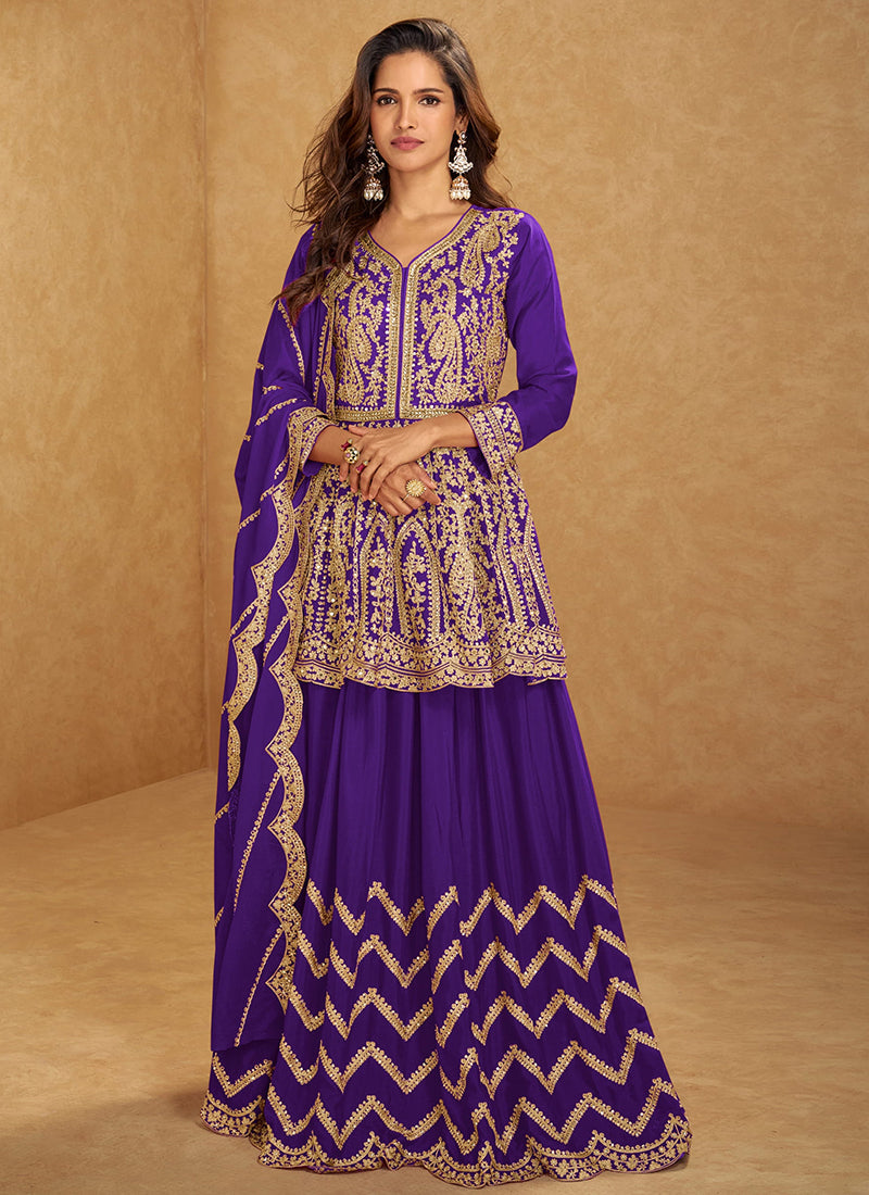 Purple Chinon Silk Sharara Suit with Dupatta for Indian Pakistani Wedding – Embroidery Work