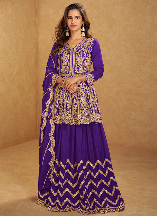 Purple Chinon Silk Sharara Suit with Dupatta for Indian Pakistani Wedding – Embroidery Work