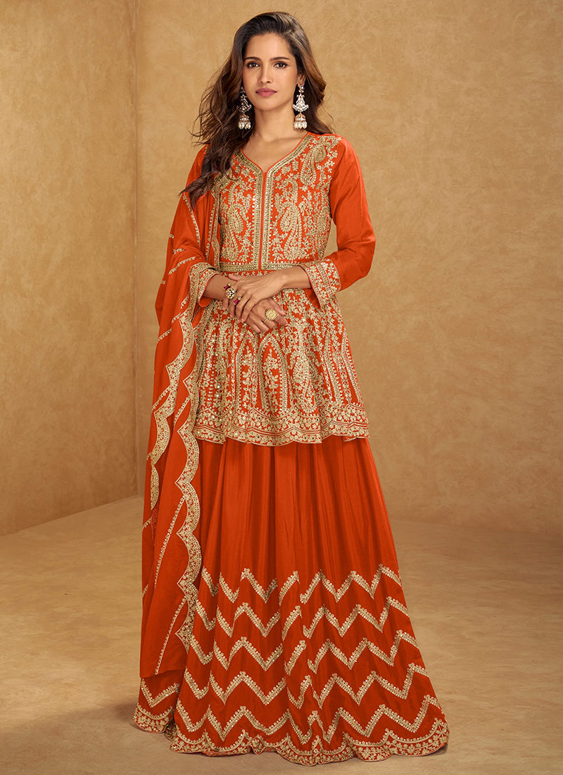 Orange Chinon Silk Sharara Suit with Dupatta for Indian Pakistani Wedding – Embroidery Work