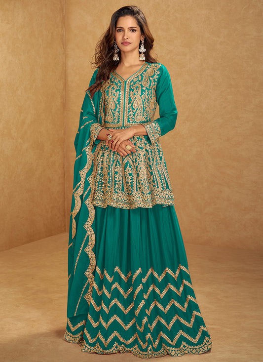 Teal Blue Chinon Silk Sharara Suit with Dupatta for Indian Pakistani Wedding – Embroidery Work