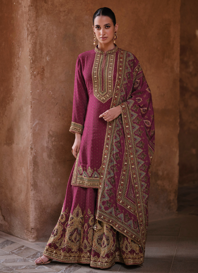 Designer Purple Crepe Silk Embroidered Sharara Suit with Dupatta for Pakistani Weddings and Indian Festivals
