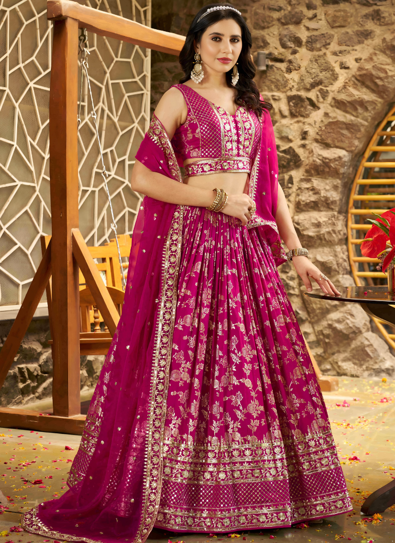 Rani Pink Dola Silk Lehenga Choli for Wedding, Diwali, and Bridal Squad Wear – Heavy Embroidery Design