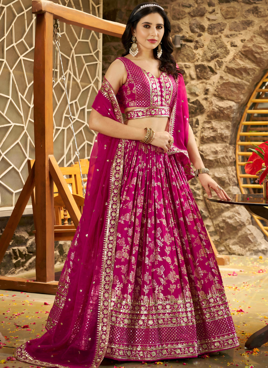 Rani Pink Dola Silk Lehenga Choli for Wedding, Diwali, and Bridal Squad Wear – Heavy Embroidery Design