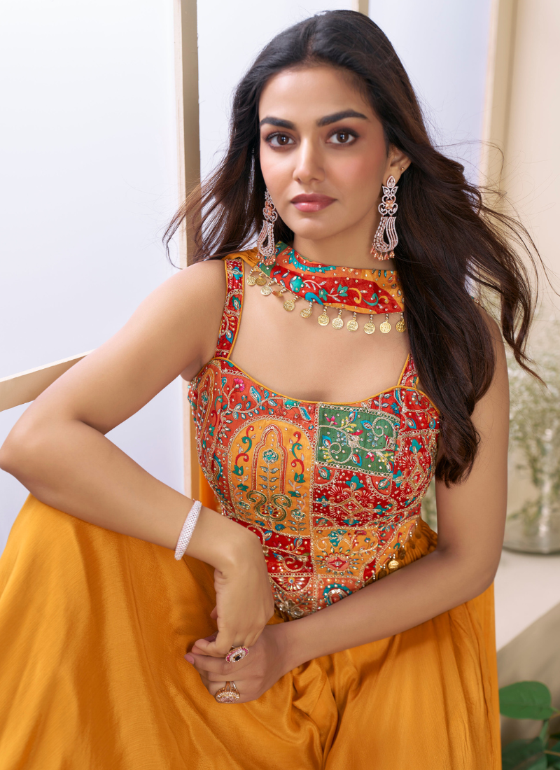 Mustard Yellow Chinon Silk Indo-Western Designer Wear for Indian & Pakistani Wedding Functions