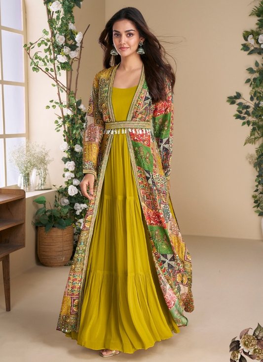 Designer Yellow Georgette Anarkali Gown with Multicolor Long Shrug