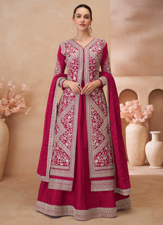 Pink Chinnon Embroidered Anarkali Suit Dupatta for Indian Festivals and Pakistani Weddings