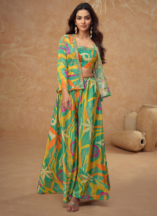 Tropical Multi-Color Chinon Silk Palazzo Set with Crop Top & Shrug