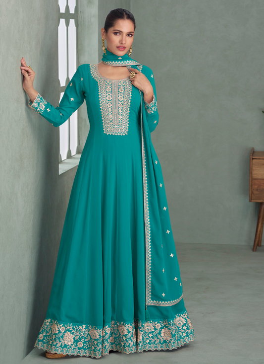 Teal Green Georgette Anarkali Suit with Dupatta for Indian Festival and Pakistani Wedding
