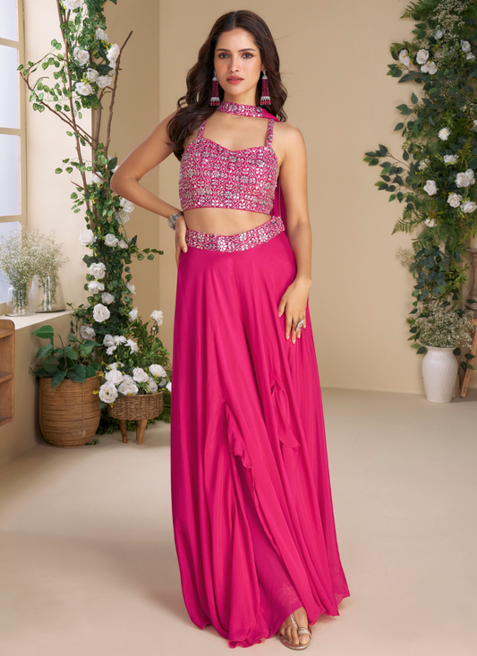 Pink Chinon Silk Indo-Western Designer Wear for Indian & Pakistani Wedding Functions