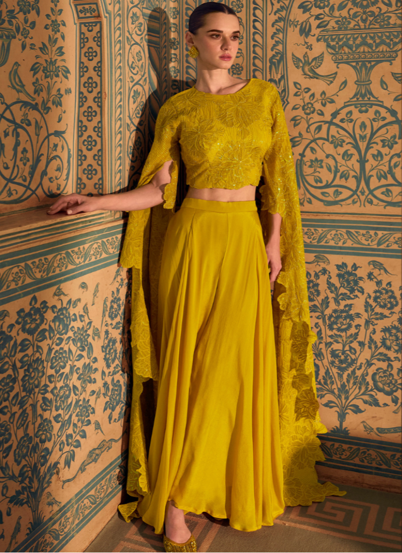 Designer Yellow Silk Embroidered Cape Style Plazzo Suit for Indian Festivals and Pakistani Weddings