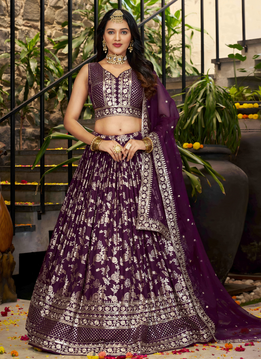 Wine Dola Silk Lehenga Choli for Indian Festive Parties and Bridesmaid Styling – Thread and Mirror Detailing