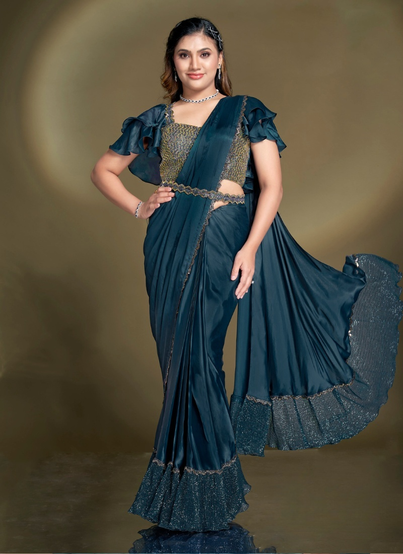 Ready To Wear Teal Blue Satin Silk Saree With Designer Blouse For Indian Festival And Pakistani Wedding