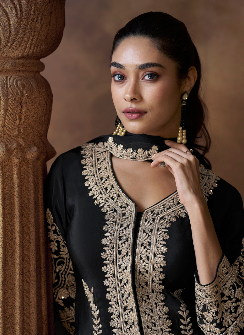 Black Chinon Silk embroidered suit – Designer festival & wedding outfit.