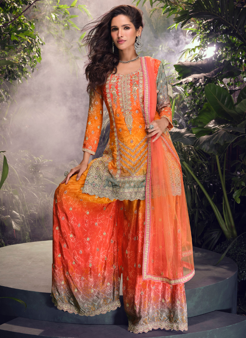 Buy Orange Chinnon Silk Embroidery Sharara Suit with Dupatta for Pakistani Festivals and Indian Weddings