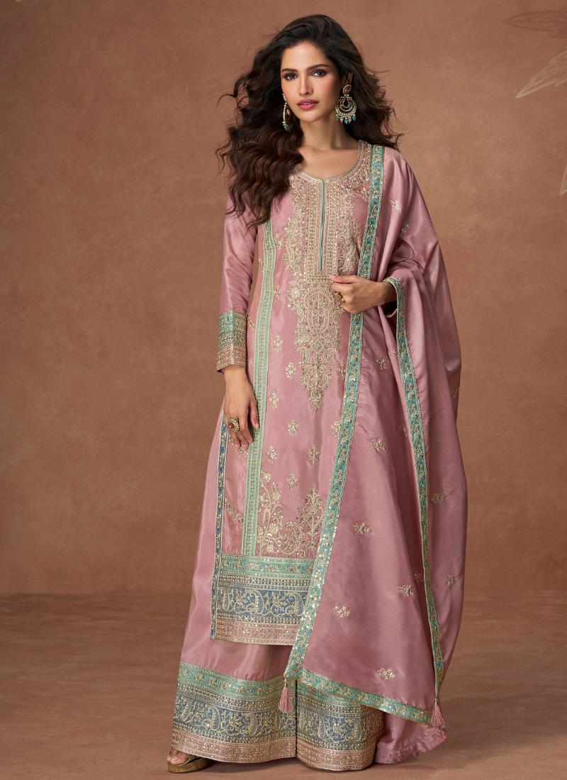 Pink Organza Long Sleeve Sharara Suit with Dupatta for Indian Weddings and Pakistani Festivals