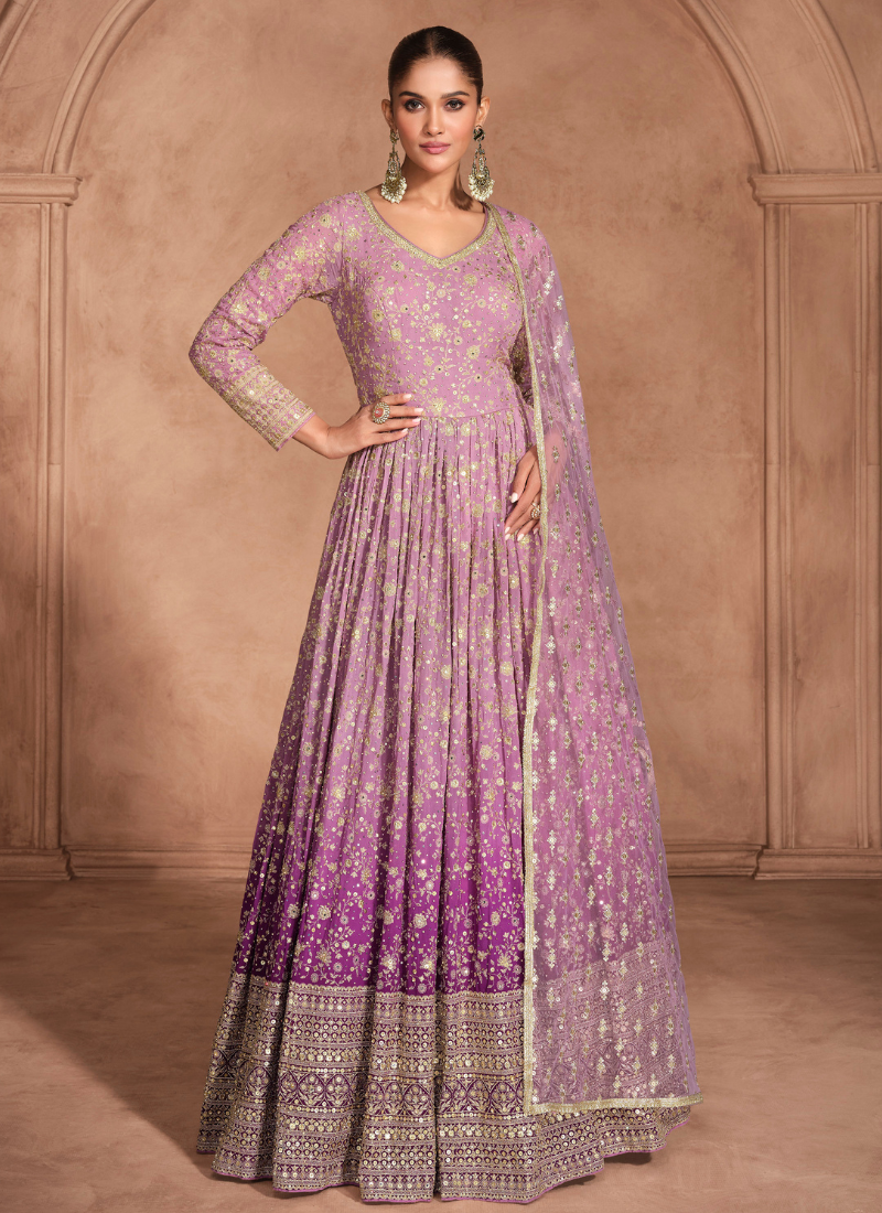Purple Georgette Designer Anarkali Gown with Dupatta – Festive Party Wear with Embroidery for Pakistani Eid