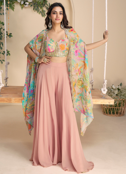 Pastel Pink Cape Style Sharara Set with Embellished Blouse and Designer Shrug