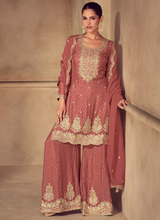 Rust Red Chinon Sharara Suit with Dupatta for Indian Wedding and Pakistani Festival