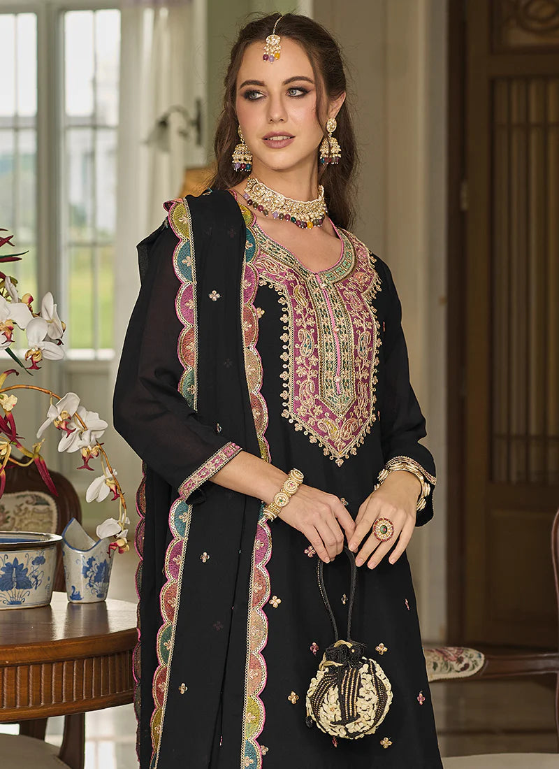 Find occasion-ready Palazzo Suit with dupatta and designer details.