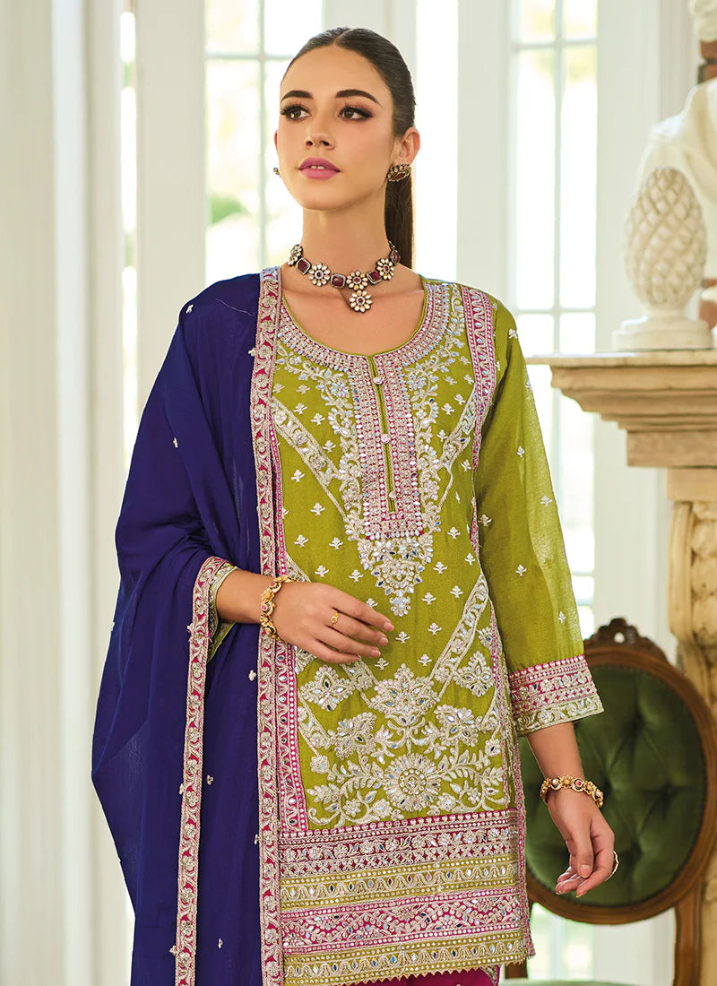Find occasion-ready Palazzo Suit with dupatta and designer details.