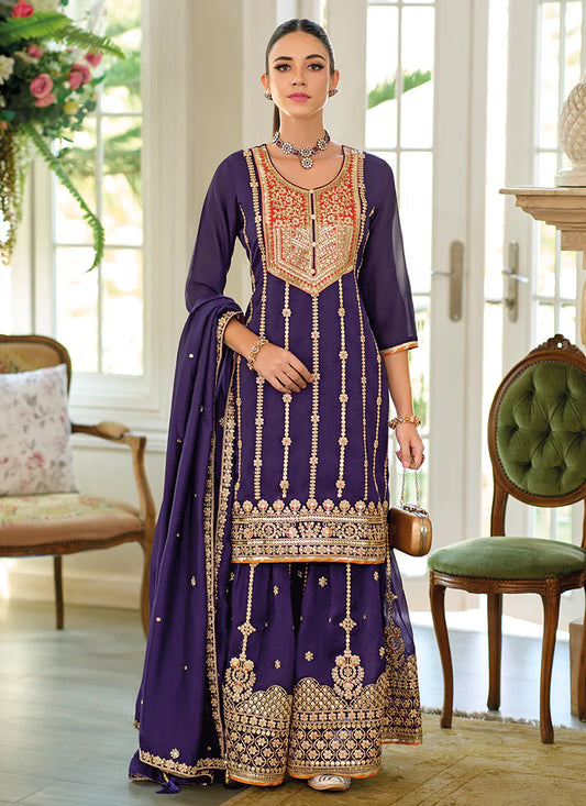 Purple Sharara Suit With Dupatta Multi-Embroidery Silk Kurta With Golden Zari And Sequin