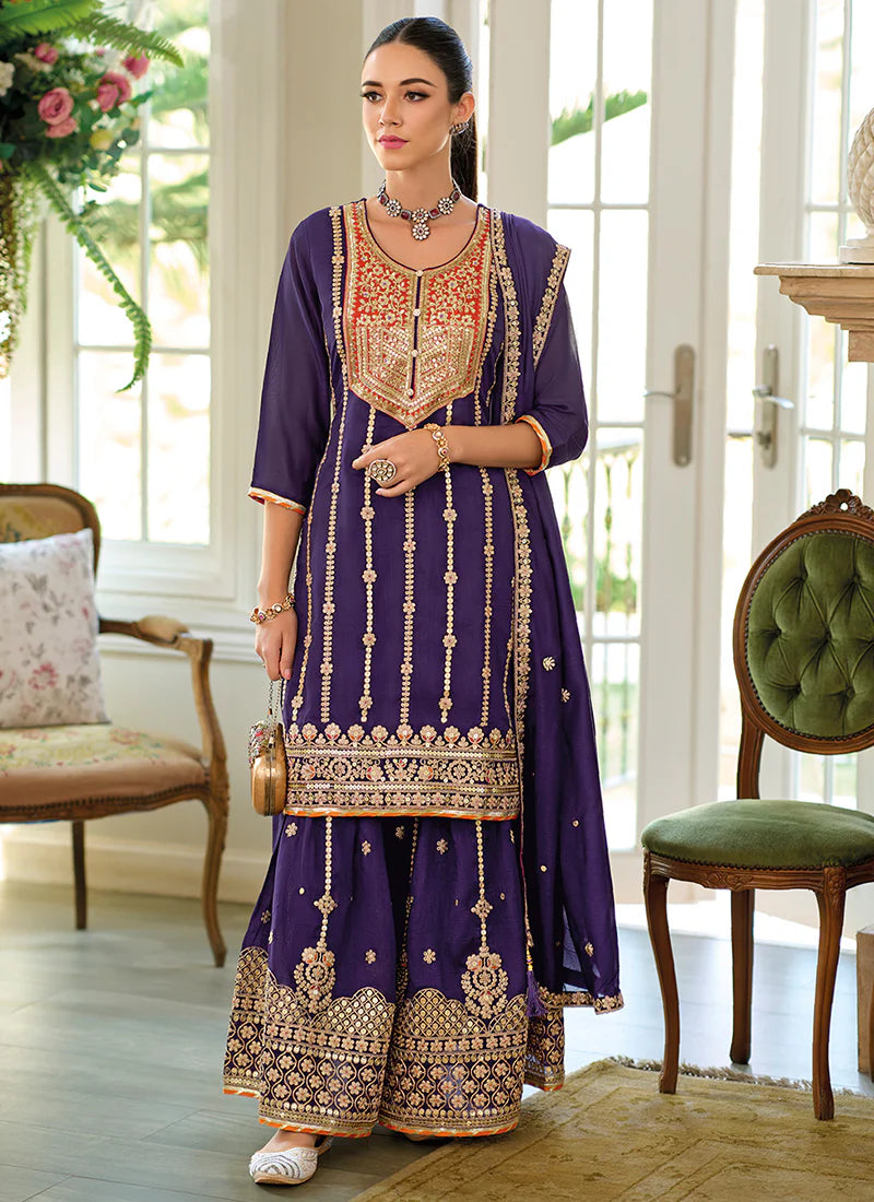 Purple Sharara Suit With Dupatta Multi-Embroidery Silk Kurta With Golden Zari And Sequin