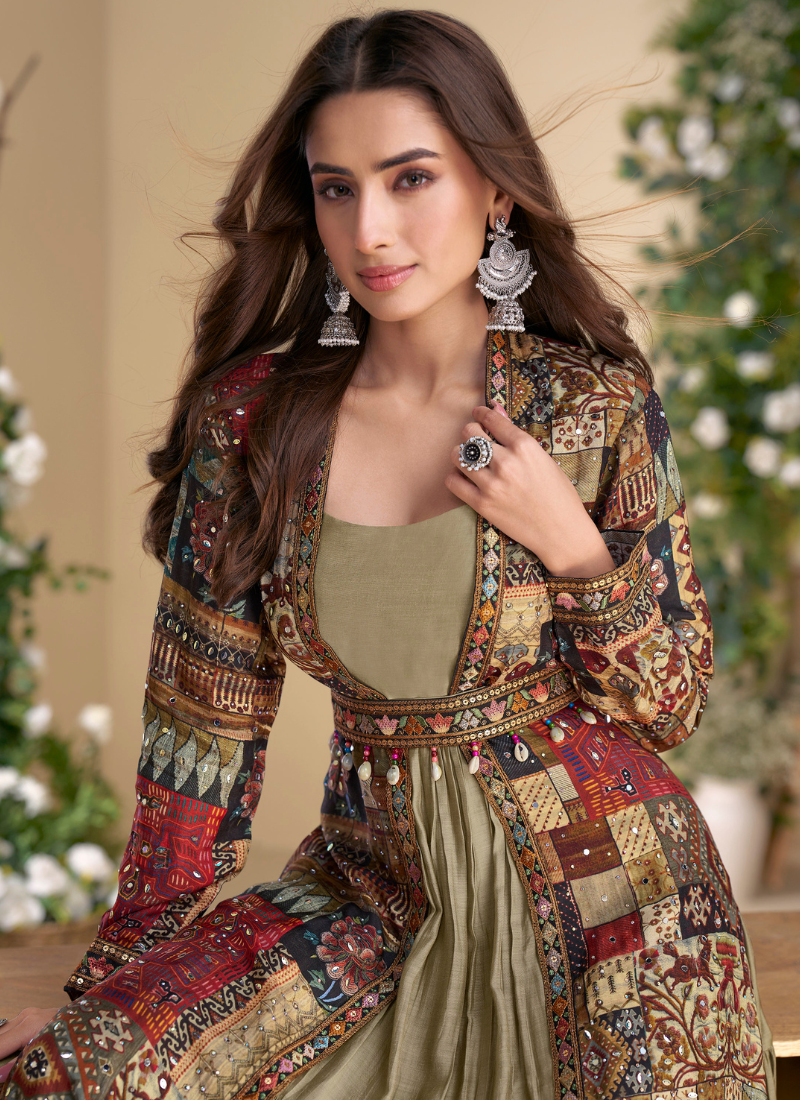 Designer Golden Beige Georgette Anarkali Gown with Multicolor Long Shrug