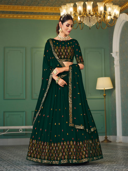 Green Lehenga choli featuring elegant thread and sequin embroidery